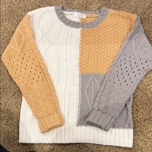 Tri-Color Cable Knit Crewneck Sweater - White, Mustard & Gray